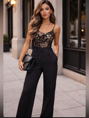 NWT Heartloom x Revolve Lace Jumpsuit Black Wide Leg Pinstripe L
